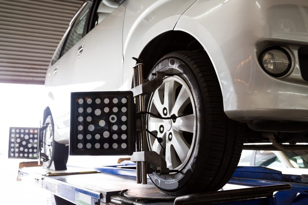 A tire alignment being done at Freeway Ford in Bloomington, MN 